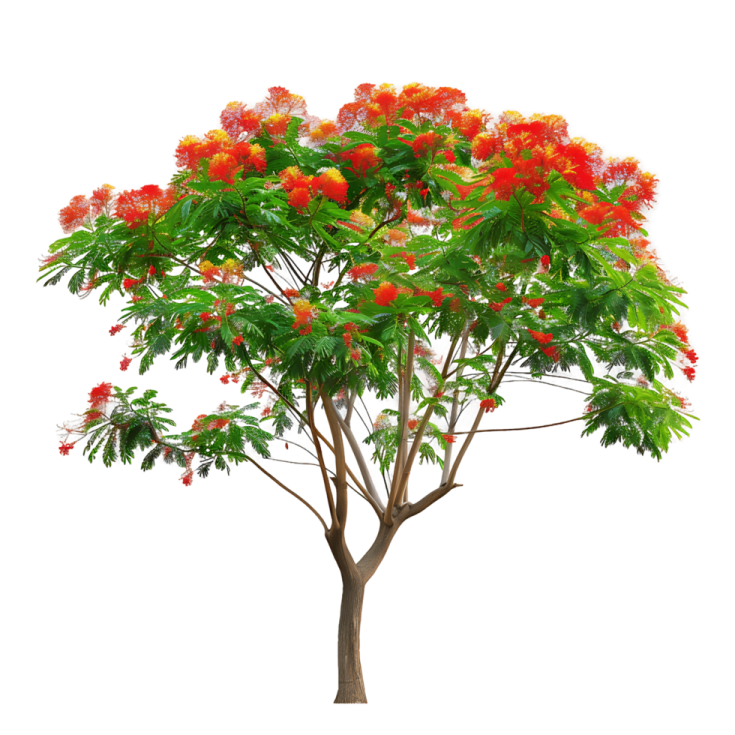 a tree with red flowers and green leaves