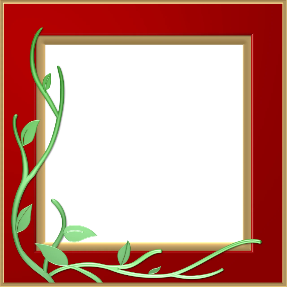 a red frame with green leaves on it
