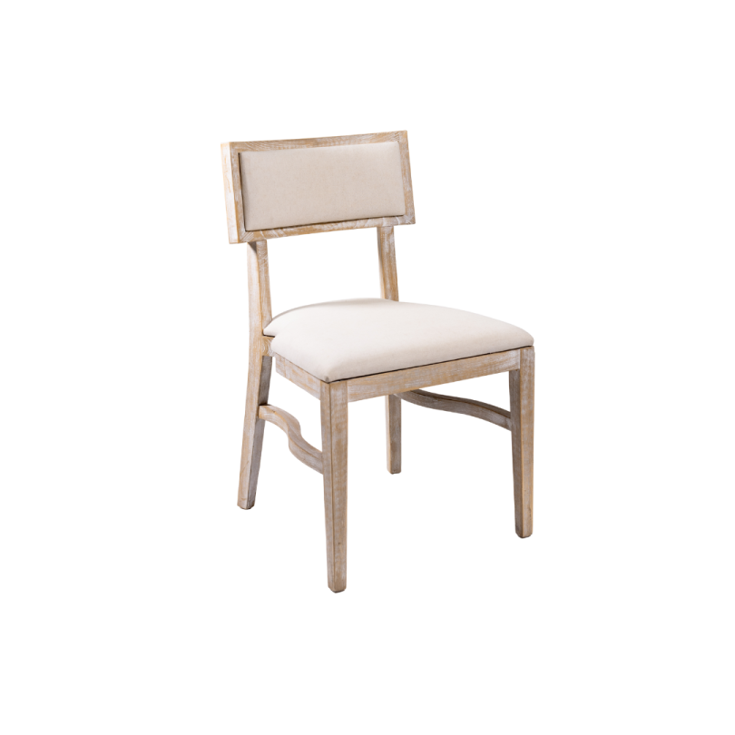 a wooden chair with white upholing