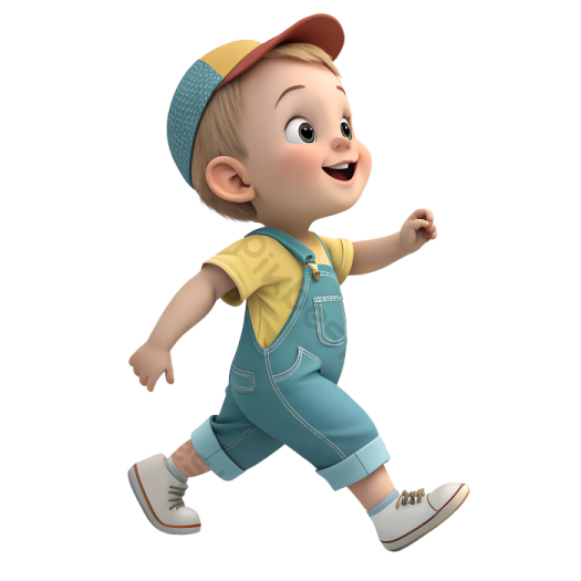 a little boy in overalls and a cap is running