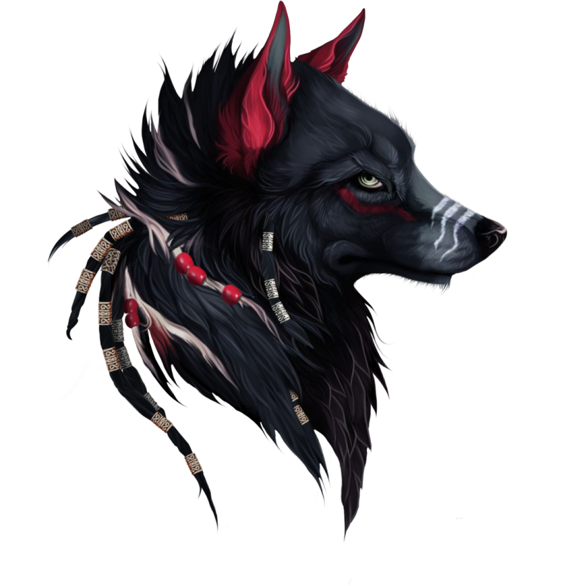 a black wolf with red eyes and horns