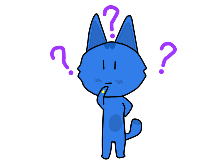 a blue cat with question marks on its head