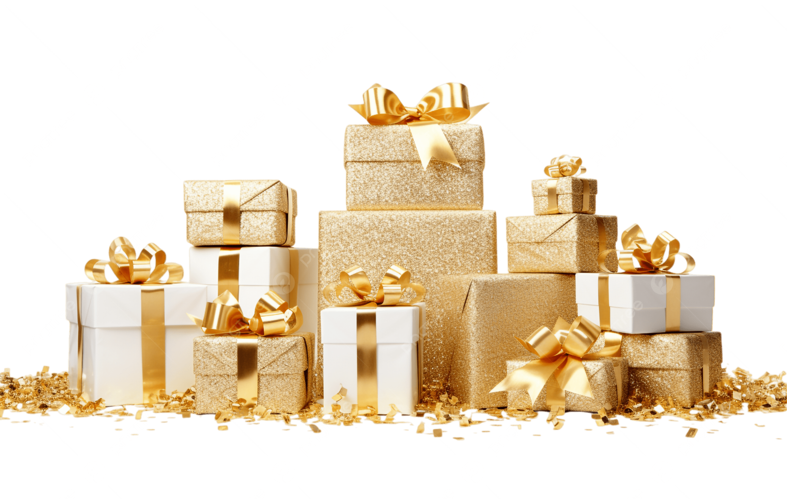 a pile of gold and white gift boxes