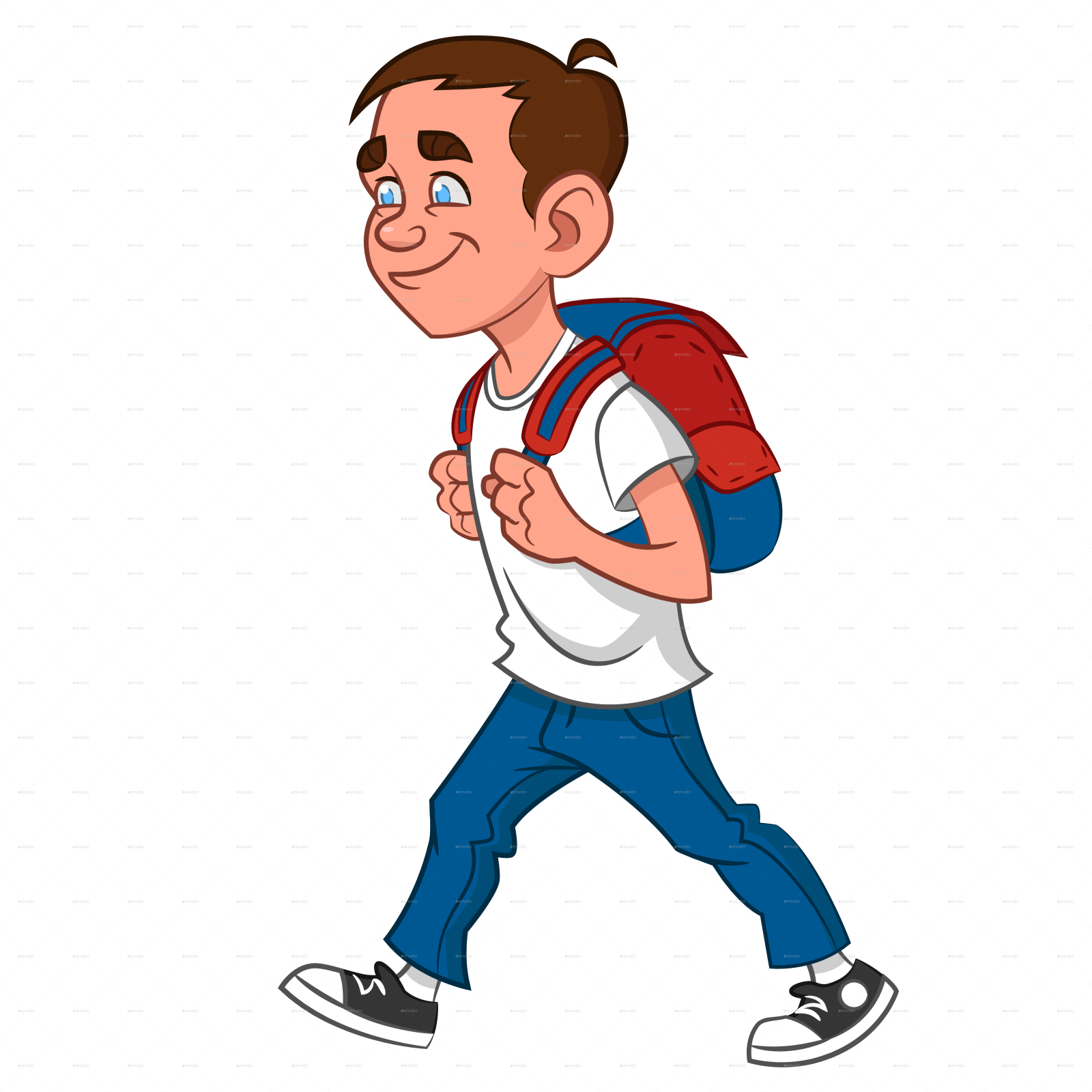 a cartoon boy with a backpack walking