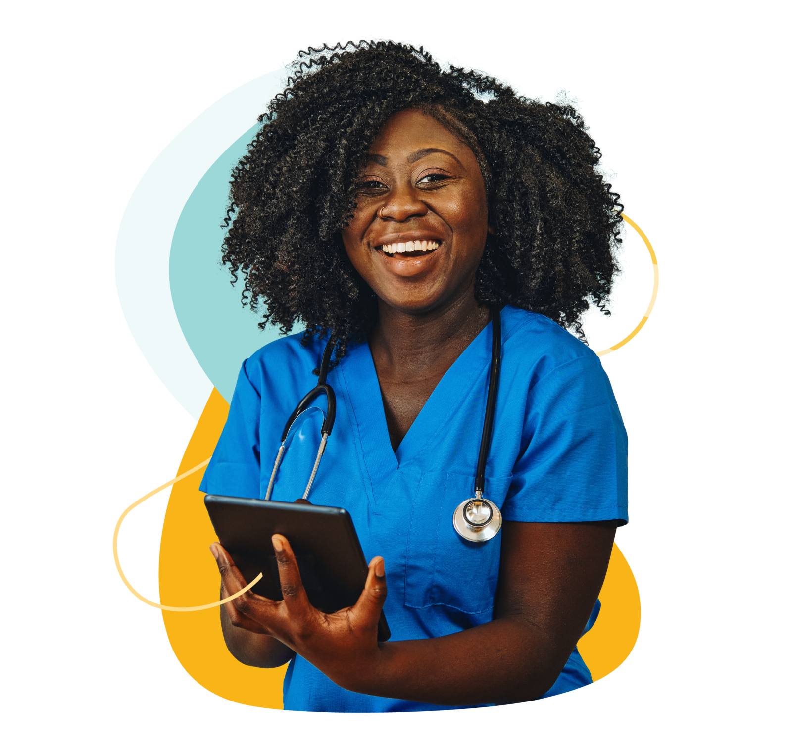 a woman in scrubs holding a tablet