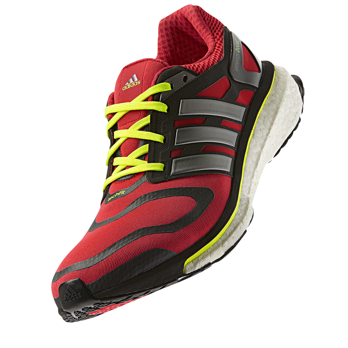 a pair of red and black running shoes