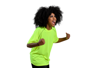 a young girl wearing a neon green shirt and black pants