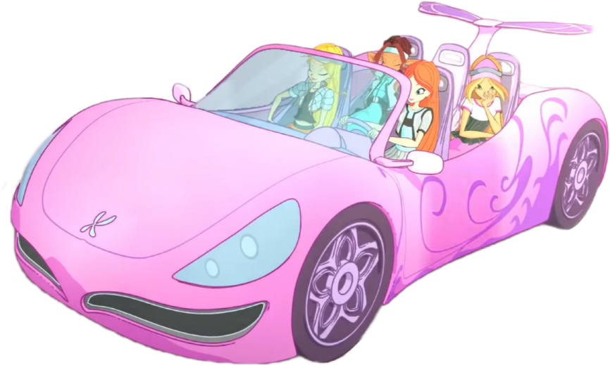a pink car with two people in it