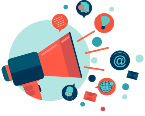a megaphone surrounded by social icons