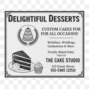 a black and white advertisement for delight desserts