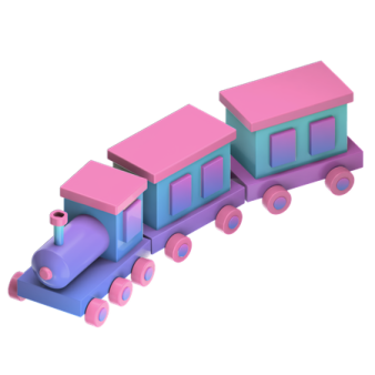 a toy train with pink and blue colors