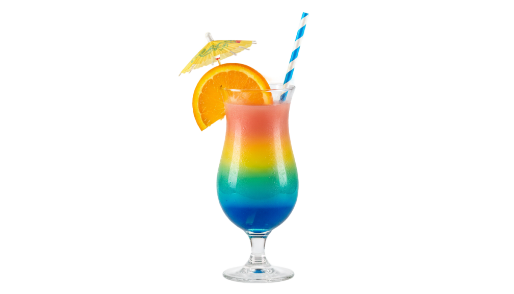 a colorful drink in a glass with an orange slice