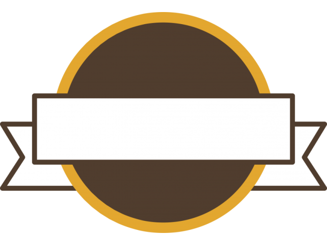 a brown and white label with a ribbon around it