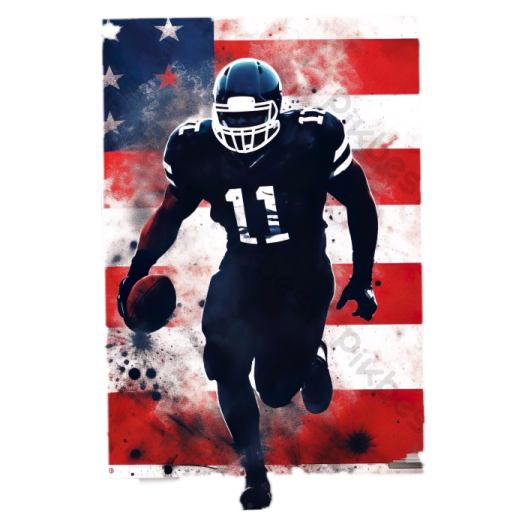 a football player running with an american flag background