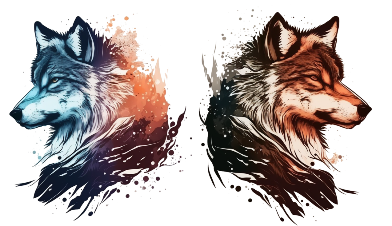two wolfs with watercolor splashs