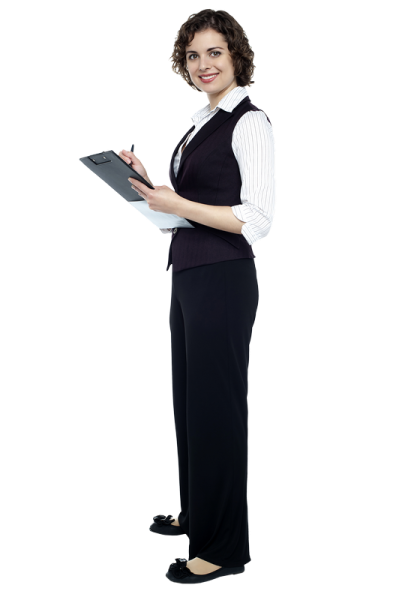a woman in a business suit holding a clipboard