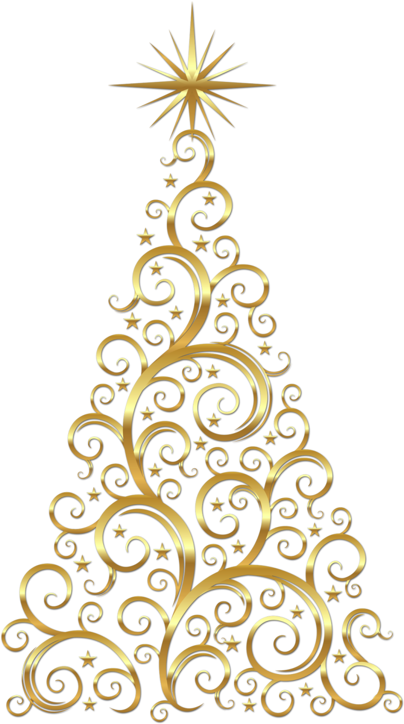 a gold christmas tree with swirls and stars