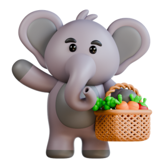 an elephant holding a basket of vegetables