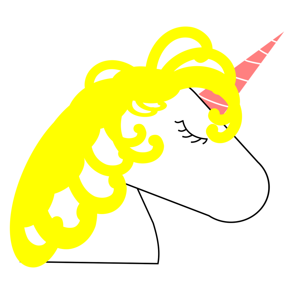 a yellow unicorn head with a pink horn