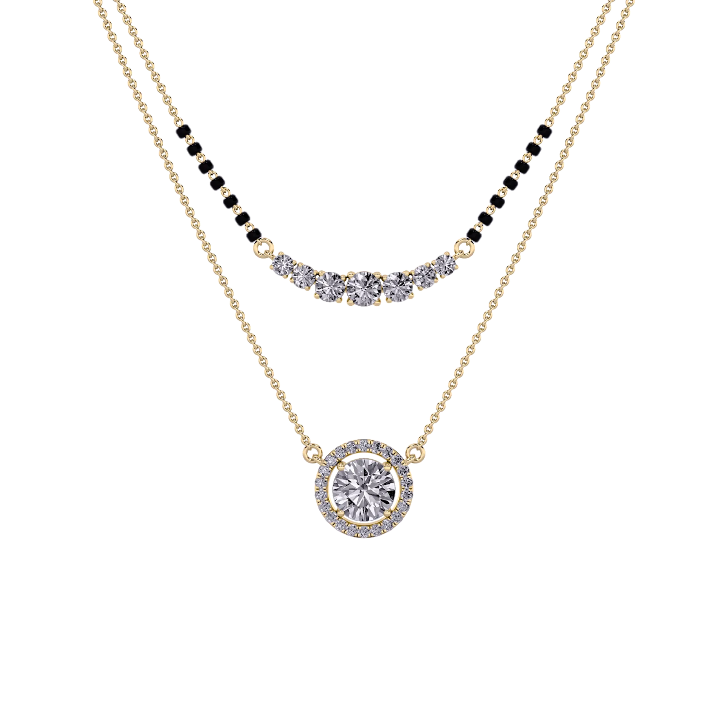a gold necklace with black and white stones