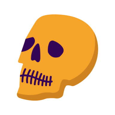 a yellow skull with purple eyes