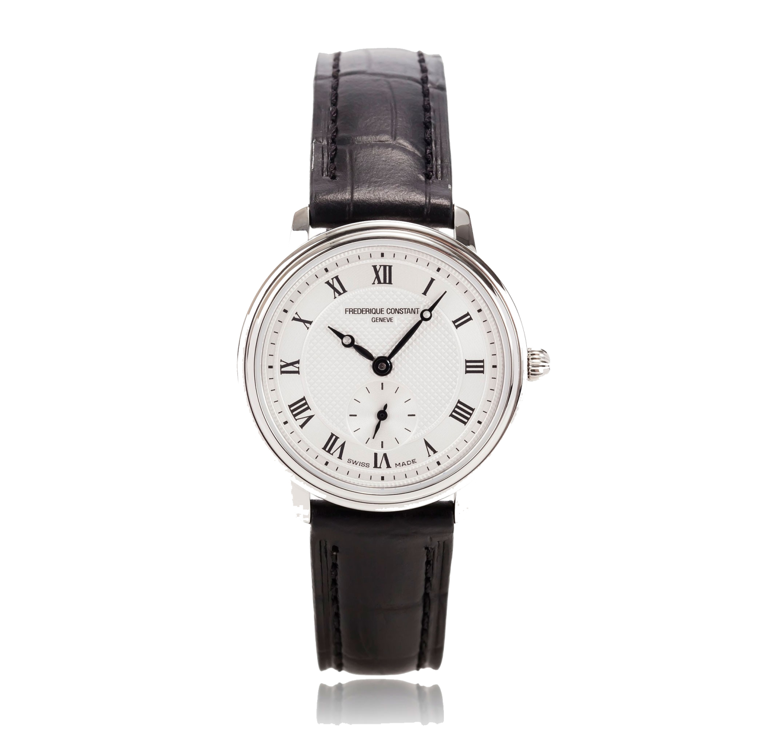 a white dial watch with black leather strap