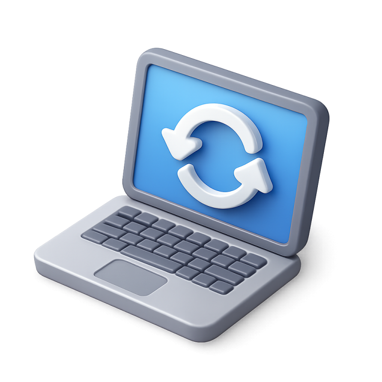 a laptop with a blue icon on the screen