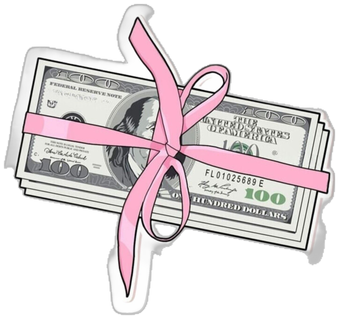 a pink ribbon tied to a dollar