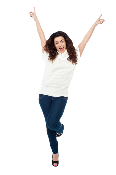 a woman jumping in the air with her arms outstretched