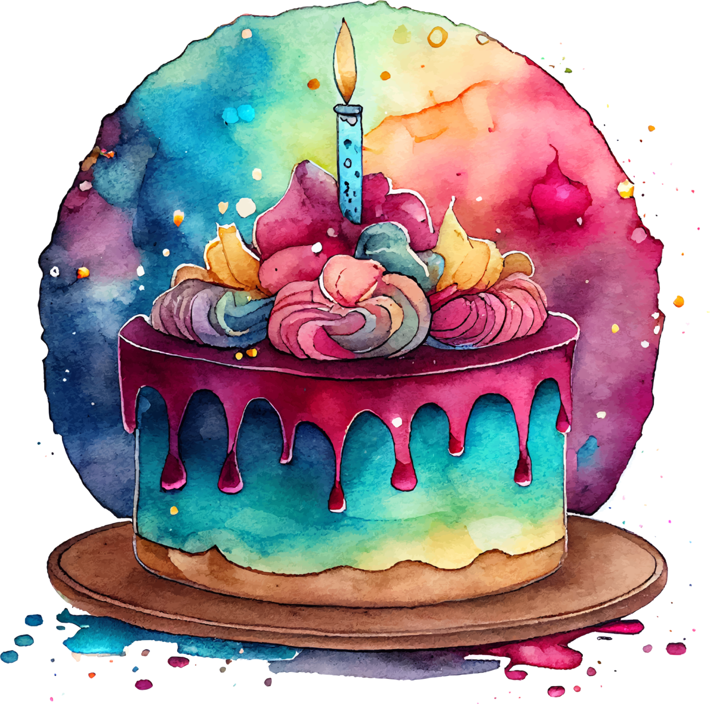 a watercolor painting of a birthday cake