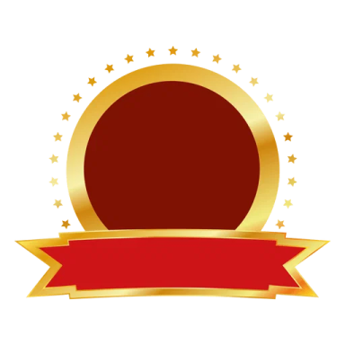 a gold medal with red ribbon and stars