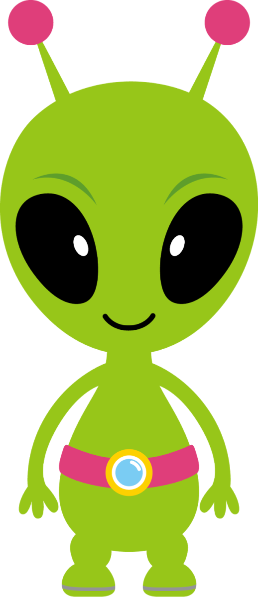 a green alien with big eyes and a pink collar