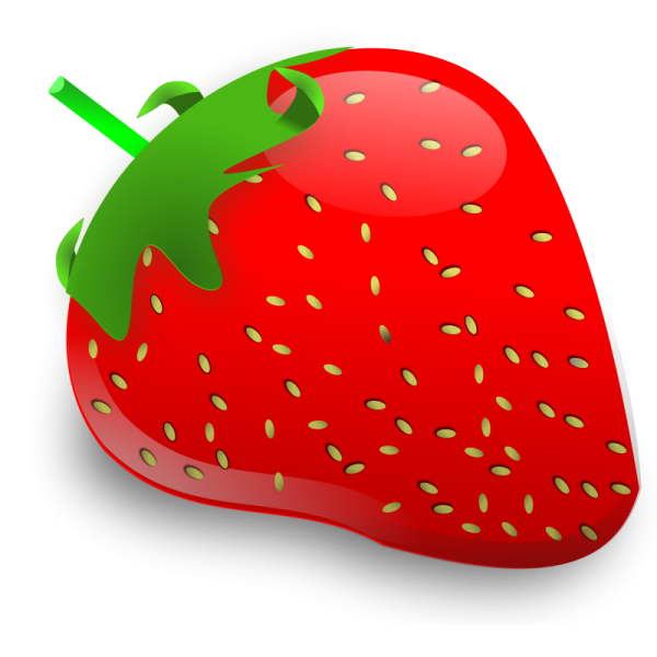 a red strawberry with green stem and seeds