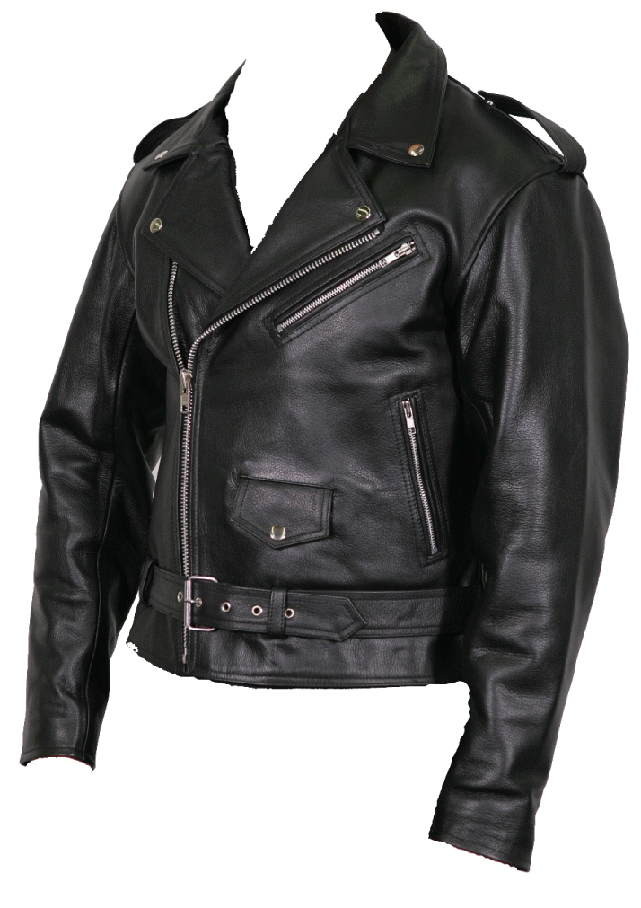 a black leather jacket on a white background