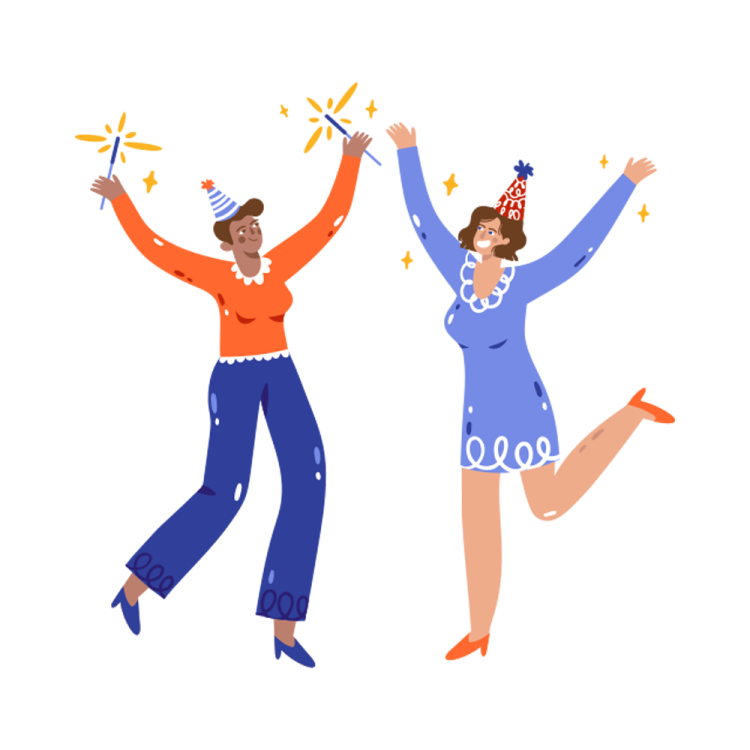 two people in blue and orange outfits dancing