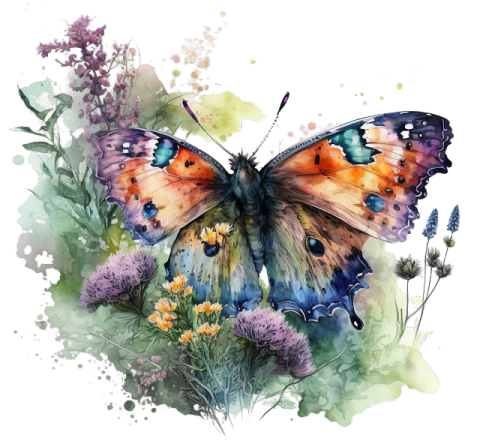 a watercolor painting of a butterfly and flowers