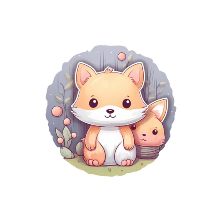 a fox and her cub are sitting in the woods