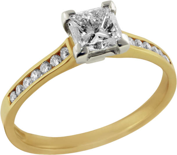 a yellow gold engagement ring with a princess cut diamond