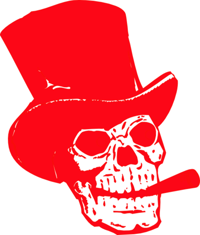 a skull wearing a top hat and smoking a cigarette