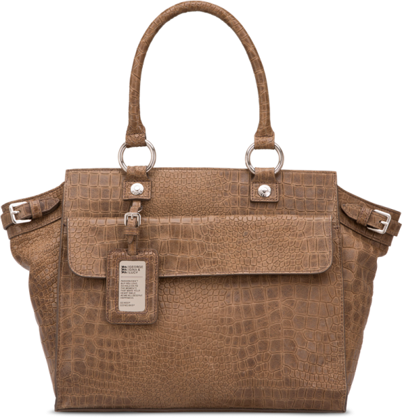 an image of a brown crocodile print handbag