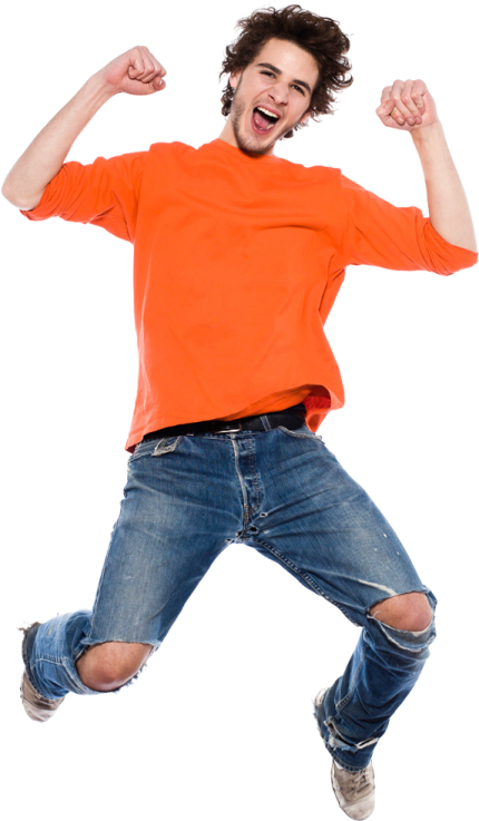 a man jumping in the air with his hands up