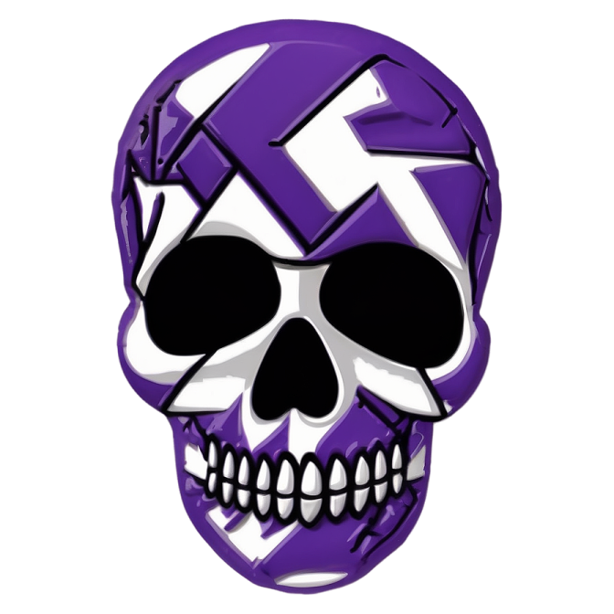 a purple and white skull with black eyes