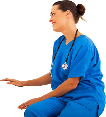 a woman in scrubs sitting on the floor