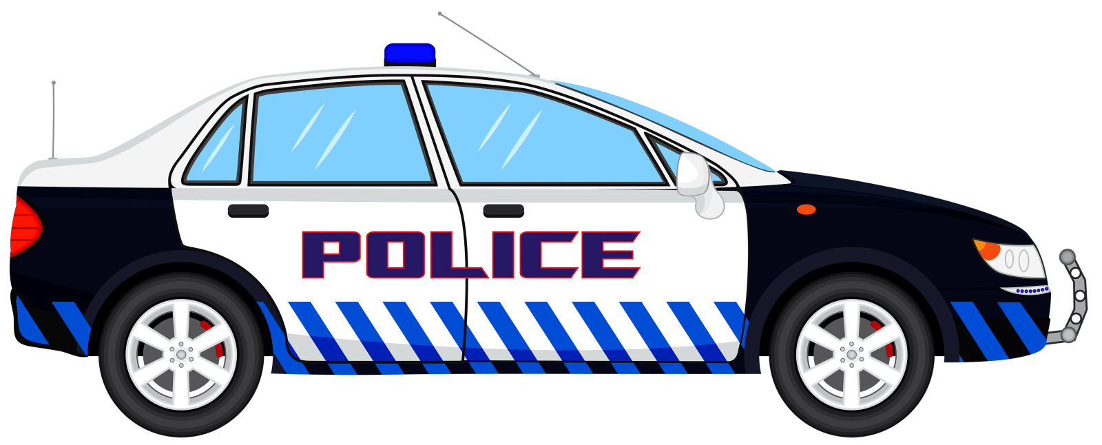 a police car with blue and white stripes