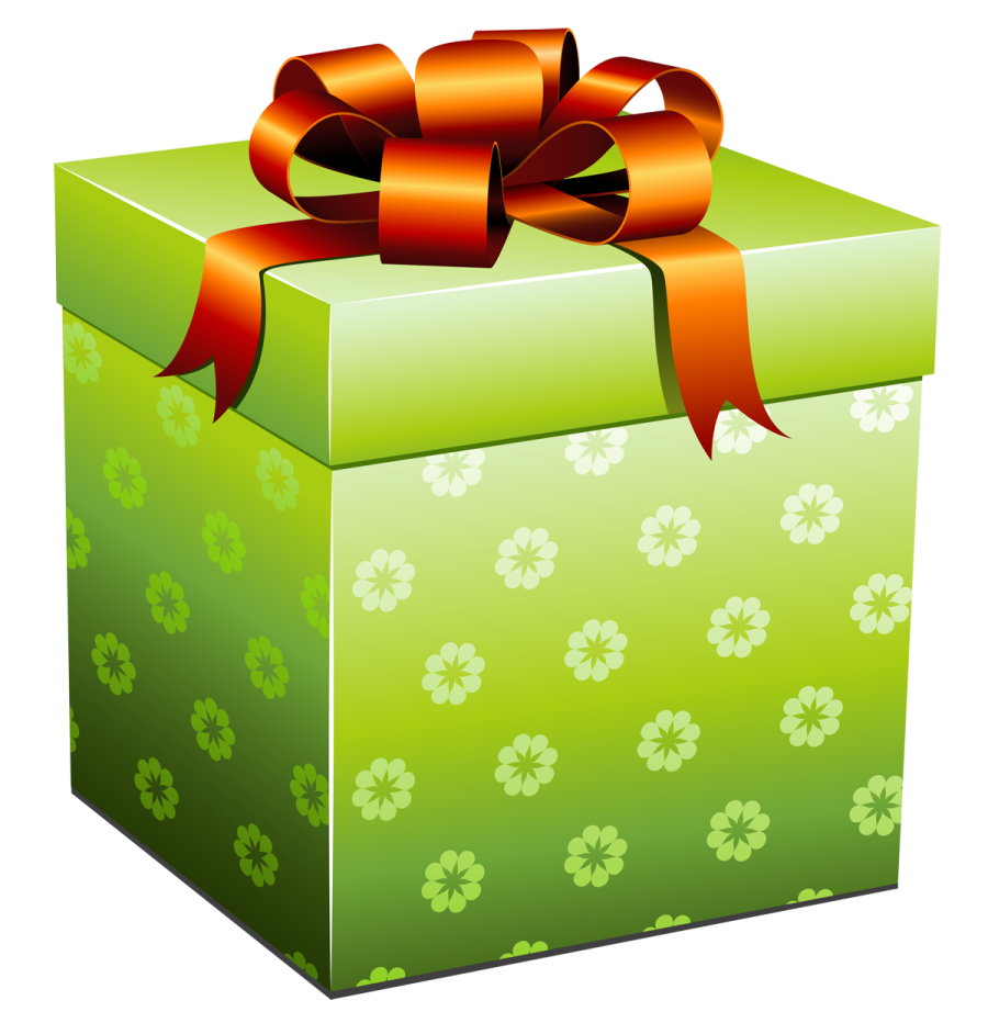 a green gift box with a red bow