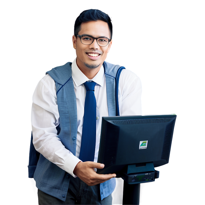 a man in a blue vest holding a computer