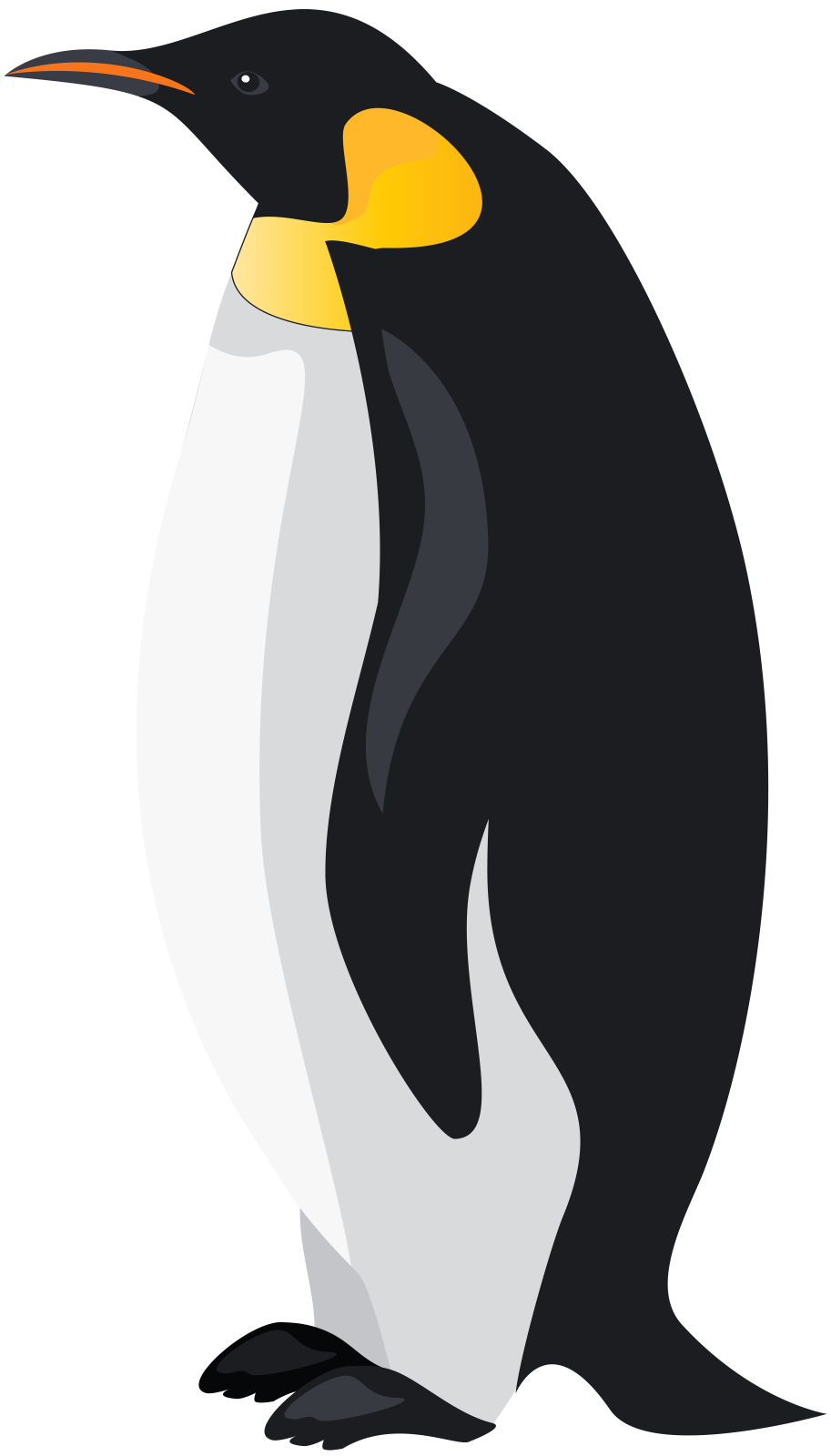 a black and white penguin with yellow eyes