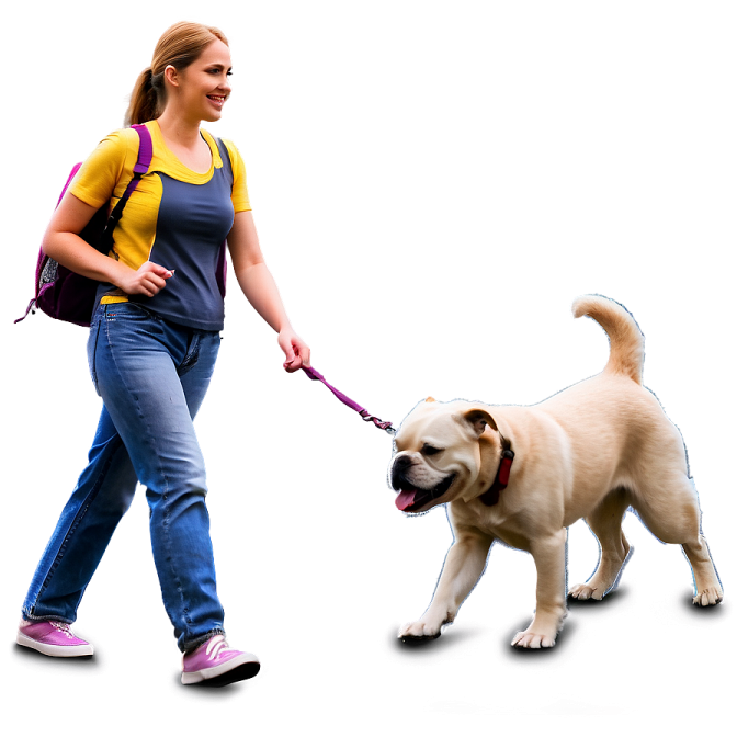 a woman walking a dog on a leash