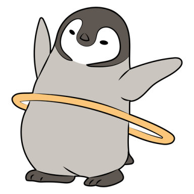 a cartoon penguin with an orange ribbon around its neck