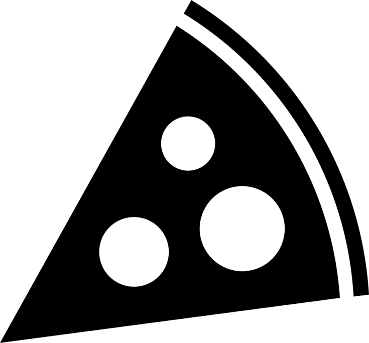 a black and white pizza slice icon